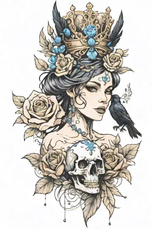 raven wearing crown with blue rose and skull tattoo design idea