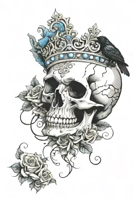 ColorInfused Black and Grey "Skull Wearing Crown With Raven On