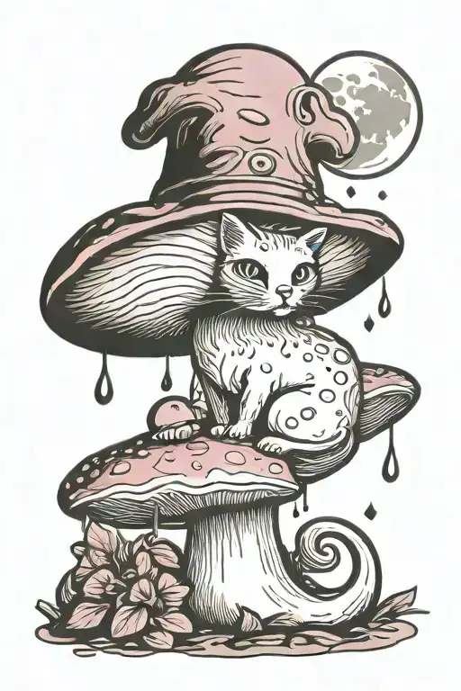 melting pink mushroom cat with moon tattoo design idea