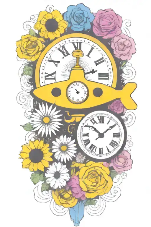 yellow submarine with colorful flowers and clock and rainbow  tattoo design idea