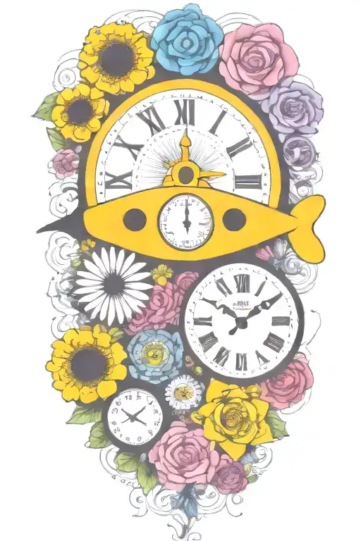 yellow submarine with colorful flowers and clock and rainbow  tattoo design idea