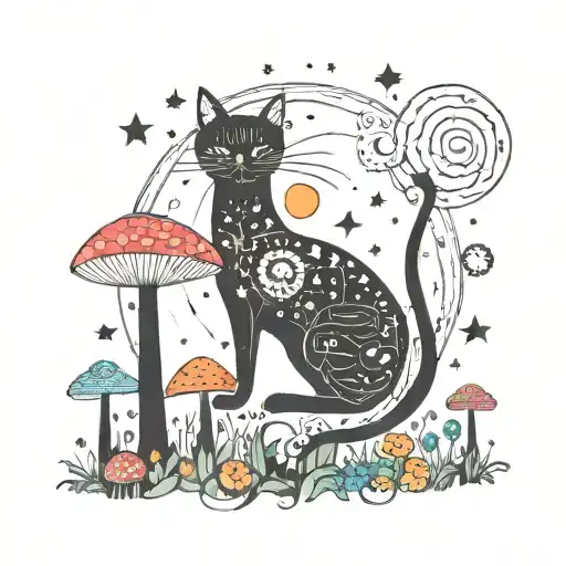black cat and colorful mushrooms with moon and stars tattoo design idea