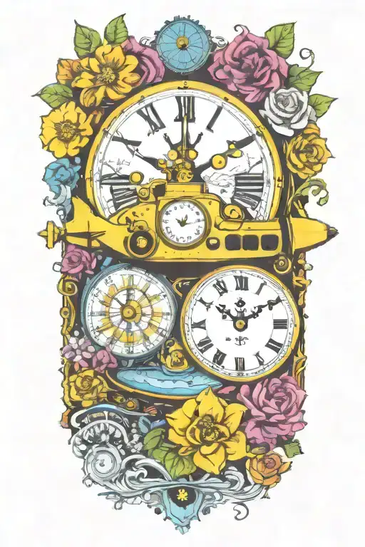 yellow submarine with colorful flowers and clock and rainbow  tattoo design idea