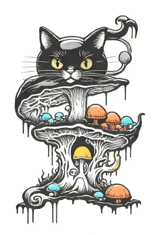 melting colorful mushroom black cat with moon tattoo design idea