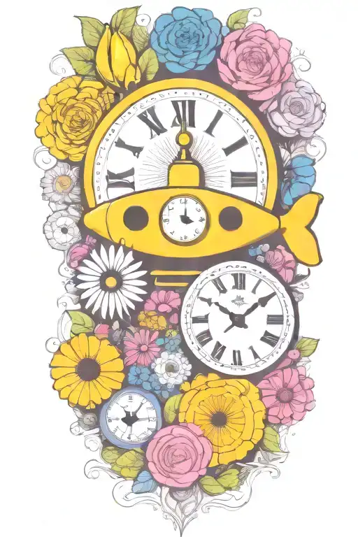 yellow submarine with colorful flowers and clock and rainbow  tattoo design idea