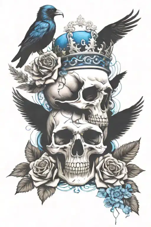 skull wearing crown with raven on headand blue roses intertwined tattoo design idea