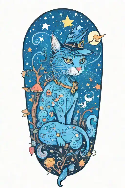 witch cat with moon and stars and colorful mushrooms and bats tattoo design idea