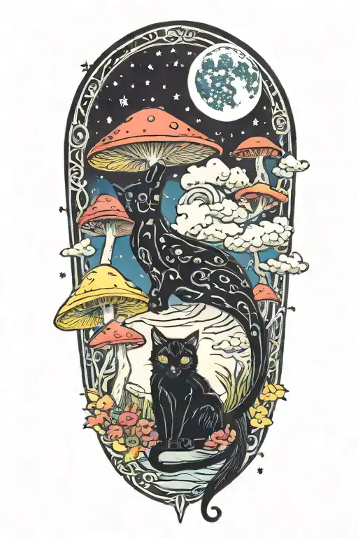 black cat with colorful mushrooms and crescent moon and clouds and stars melting  tattoo design idea
