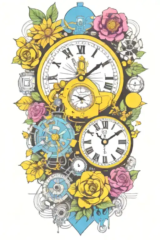yellow submarine with colorful flowers and clock and rainbow  tattoo design idea