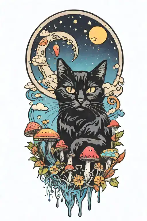 black cat with colorful mushrooms and crescent moon and clouds and stars melting  tattoo design idea