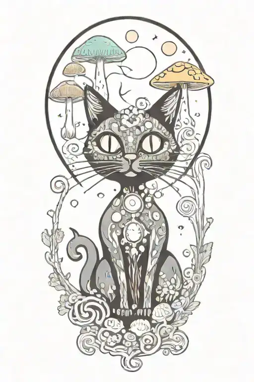 black cat with 3 eye balls and trippy colorful mushrooms with moon melting  tattoo design idea