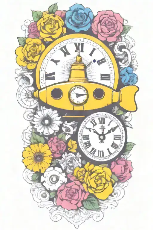 yellow submarine with colorful flowers and clock and rainbow  tattoo design idea