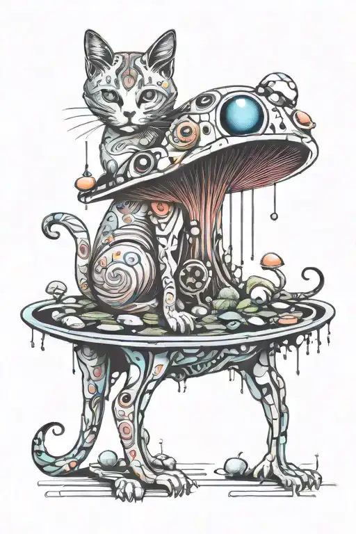 melting colorful mushroom cat with moon tattoo design idea