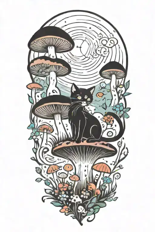 black cat and trippy colorful mushrooms with moon melting  tattoo design idea