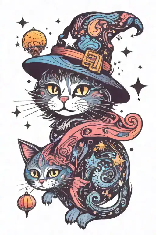witch cat with moon and stars and colorful mushrooms trippy  tattoo design idea