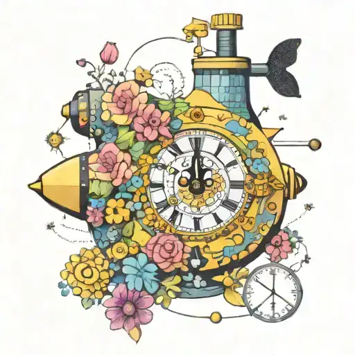 yellow submarine with colorful flowers and clock tattoo design idea