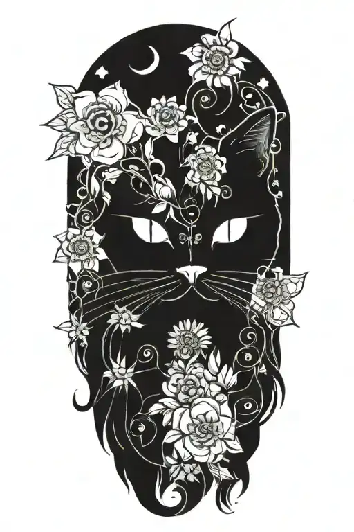 black hippie cat with trippy flowers and sun with peace sign tattoo design idea