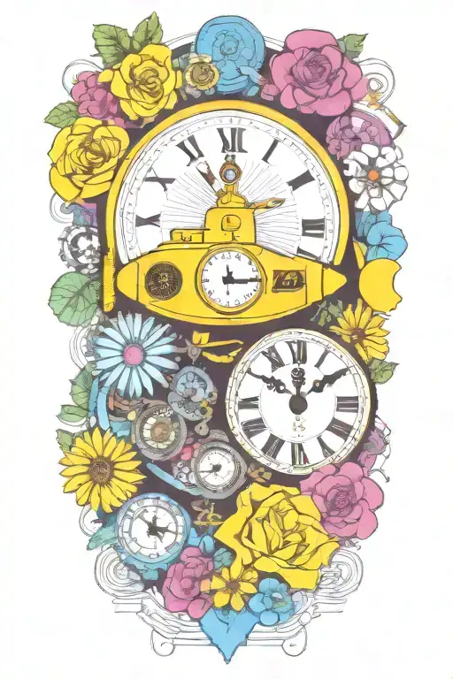 yellow submarine with colorful flowers and clock and rainbow  tattoo design idea