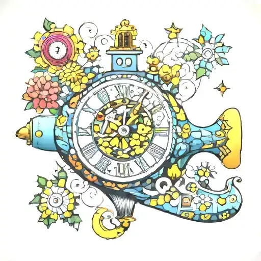 yellow submarine with colorful flowers and clock tattoo design idea