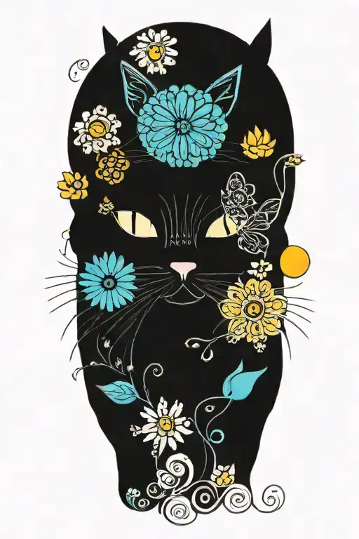 black hippie cat with trippy flowers and sun with peace sign tattoo design idea