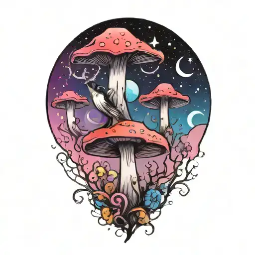 colorful mushroom with ravens and moon tattoo  tattoo design idea