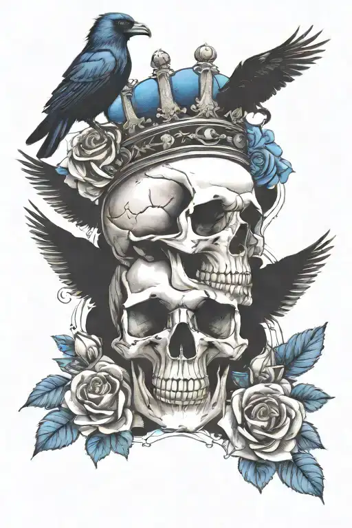 skull wearing crown with raven on headand blue roses intertwined tattoo design idea