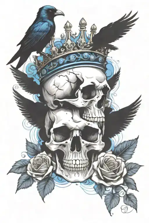 skull wearing crown with raven on headand blue roses intertwined tattoo design idea