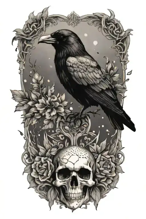 raven and crystals with skull tattoo design idea
