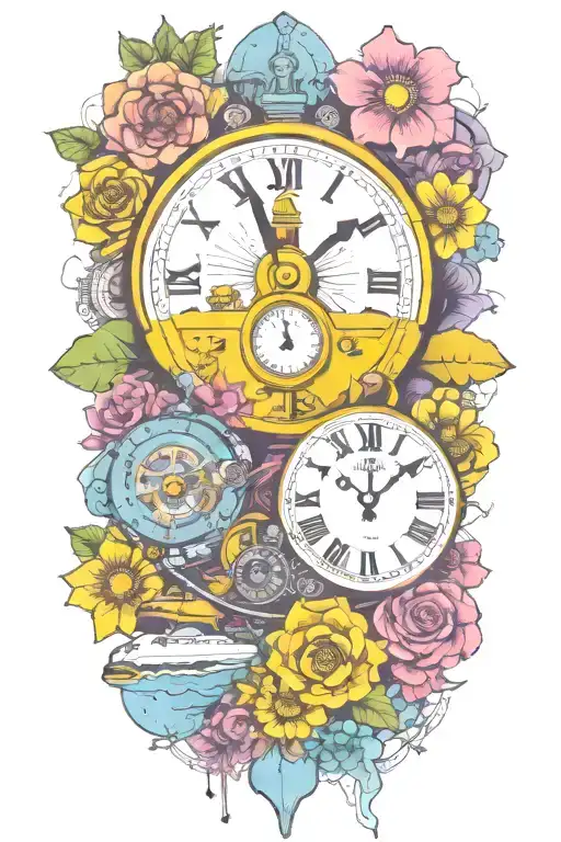yellow submarine with colorful flowers and clock and rainbow  tattoo design idea