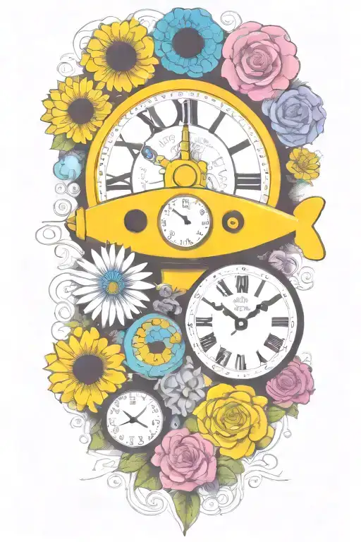 yellow submarine with colorful flowers and clock and rainbow  tattoo design idea