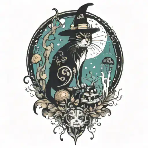witch cat and moon and mushrooms tattoo design idea