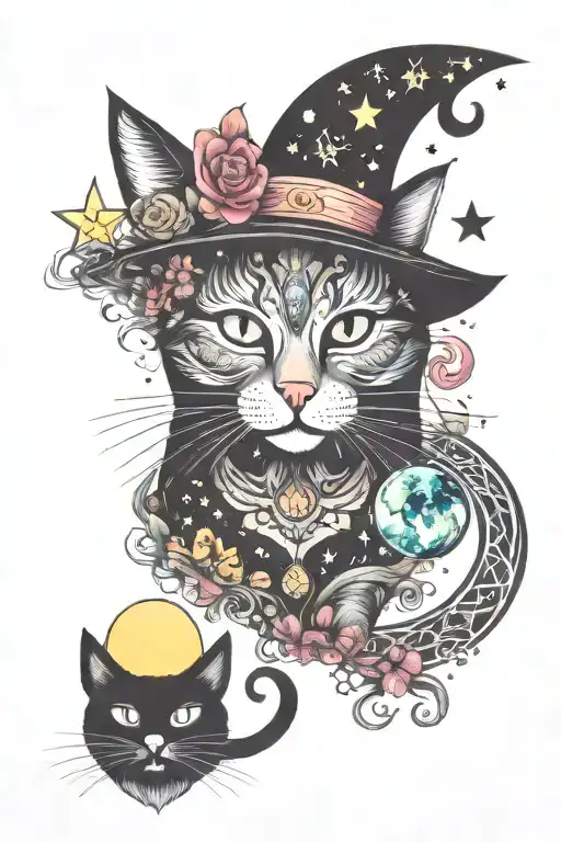 witch cat with moon and stars and colorful mushrooms trippy  tattoo design idea