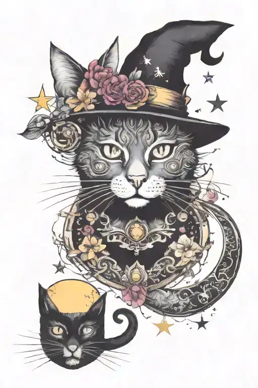 witch cat with moon and stars and colorful mushrooms trippy  tattoo design idea
