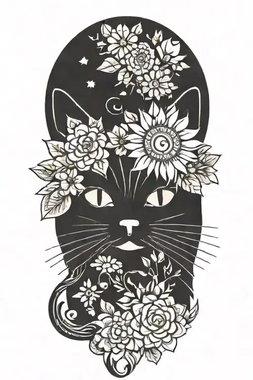 hippie cat with colorful flowers and sun and peace sign tattoo design idea