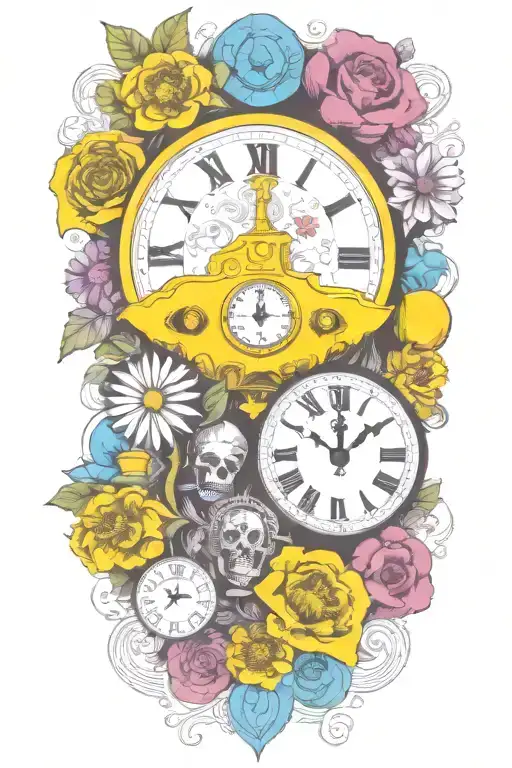 yellow submarine with colorful flowers and clock and rainbow  tattoo design idea