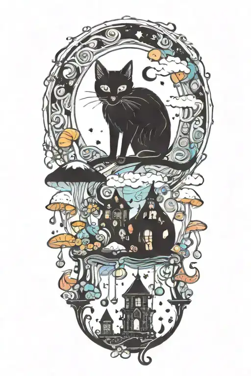 black cat with colorful mushrooms and crescent moon and clouds and stars melting  tattoo design idea