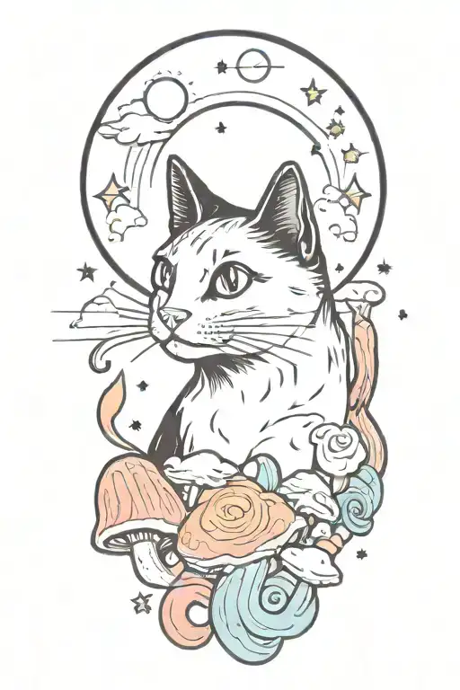 black cat with 3 eyes with colorful mushrooms and crescent moon and clouds and stars and sun tattoo design idea
