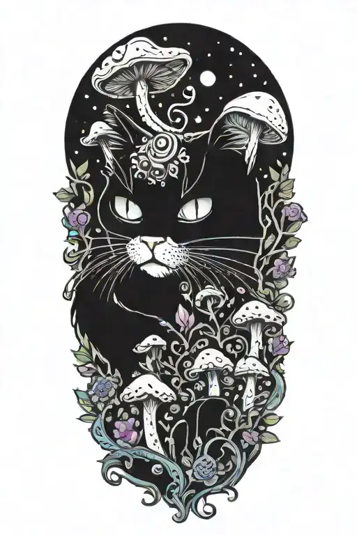 black cat with 3 eye balls and trippy colorful mushrooms with moon melting  tattoo design idea