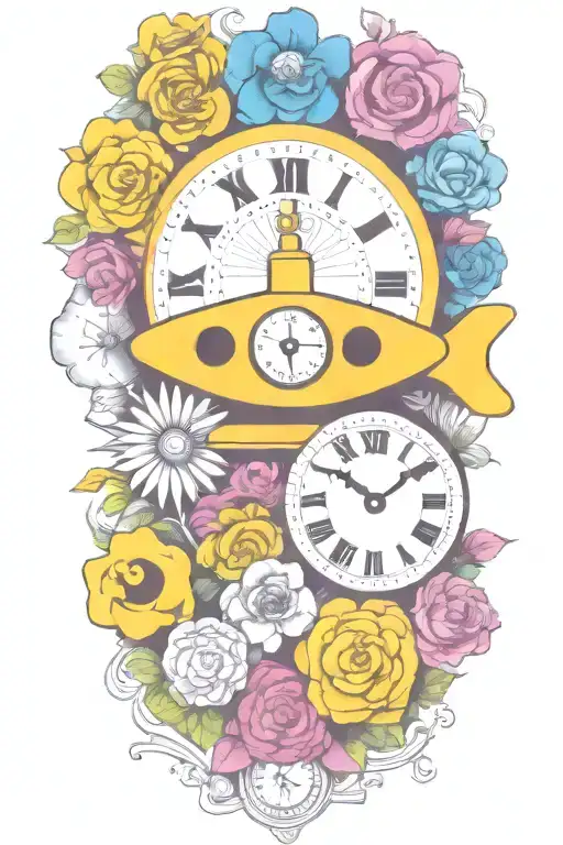 yellow submarine with colorful flowers and clock and rainbow  tattoo design idea