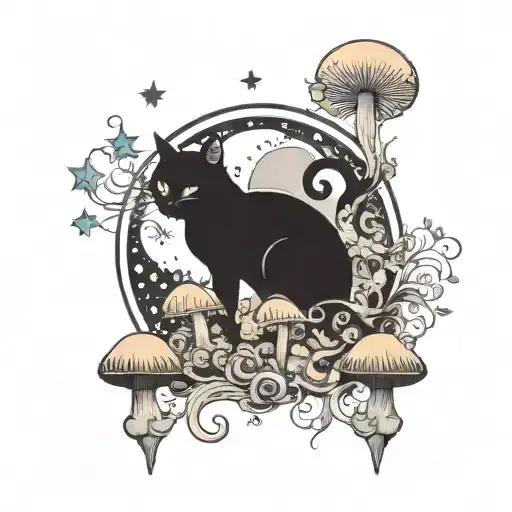 black cat and colorful mushrooms with moon and stars tattoo design idea