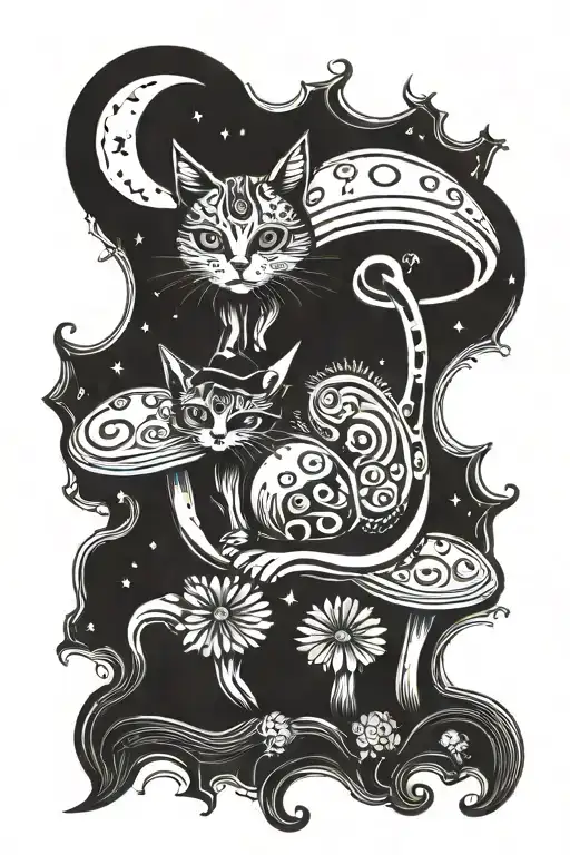 witch cat with moon and stars and colorful mushrooms trippy  tattoo design idea