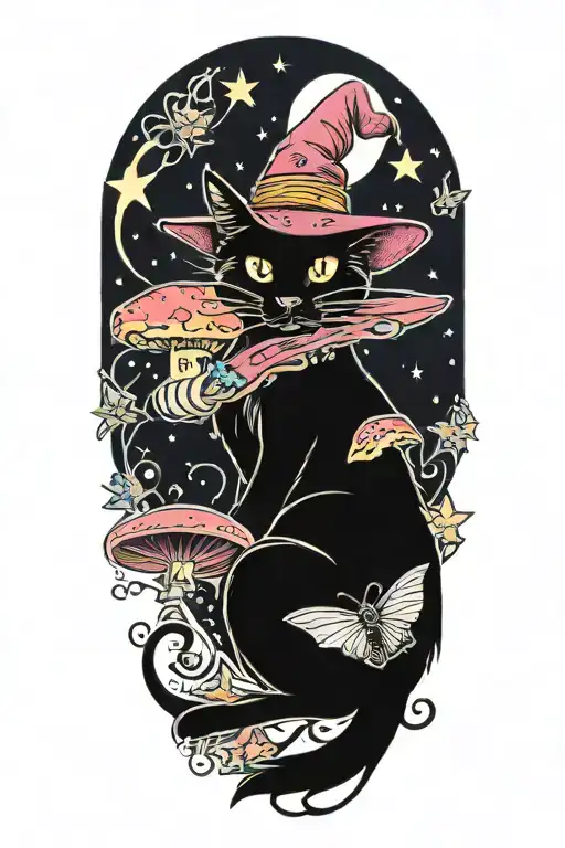 witch cat with moon and stars and colorful mushrooms and bats tattoo design idea