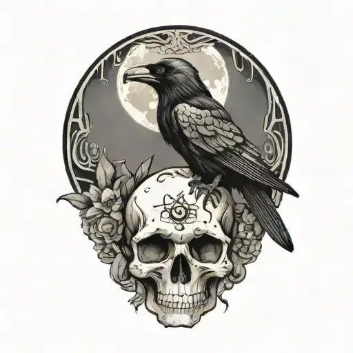 moon and raven perched on a skull tattoo design idea