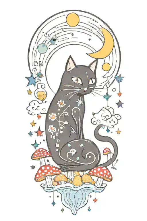 black cat with colorful mushrooms and crescent moon and clouds and stars melting  tattoo design idea