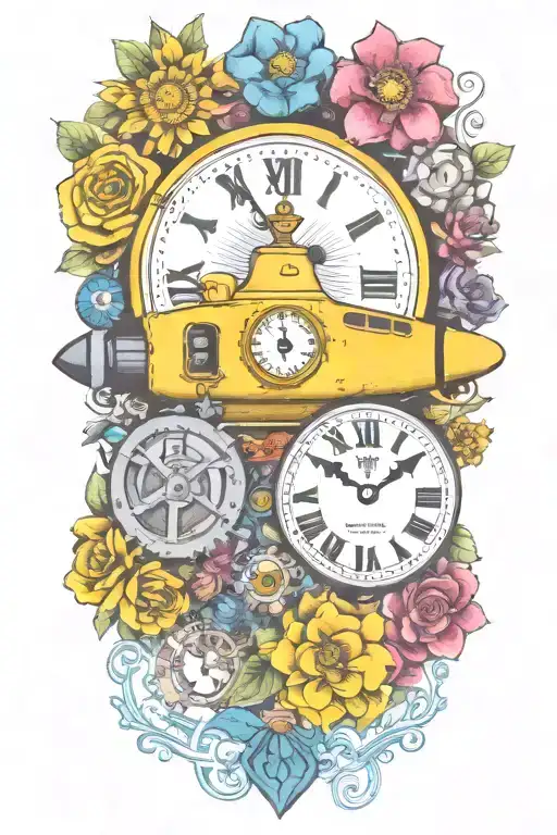 yellow submarine with colorful flowers and clock and rainbow  tattoo design idea