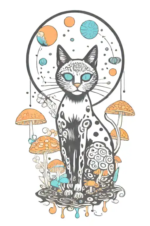 black cat with 3 eye balls and trippy colorful mushrooms with moon melting  tattoo design idea