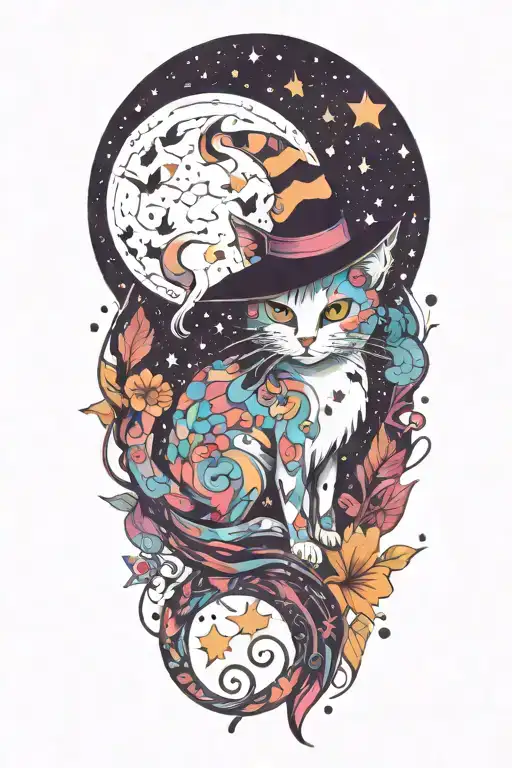 witch cat with moon and stars and colorful mushrooms and bats tattoo design idea