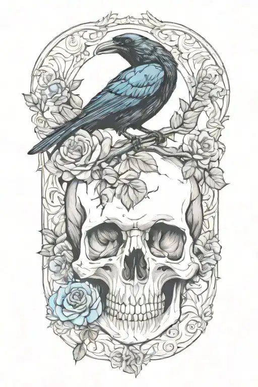 raven on skull with blue roses tattoo design idea