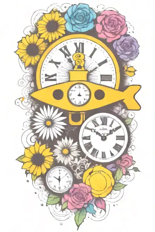yellow submarine with colorful flowers and clock and rainbow  tattoo design idea