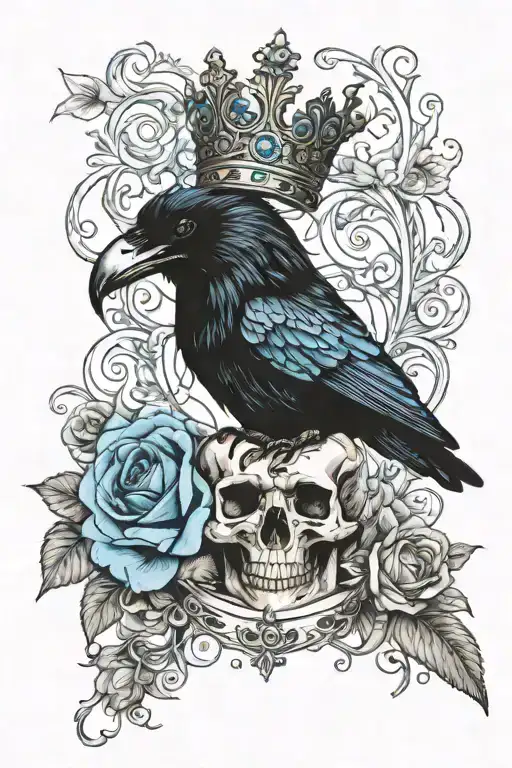 raven wearing crown with blue rose and skull tattoo design idea